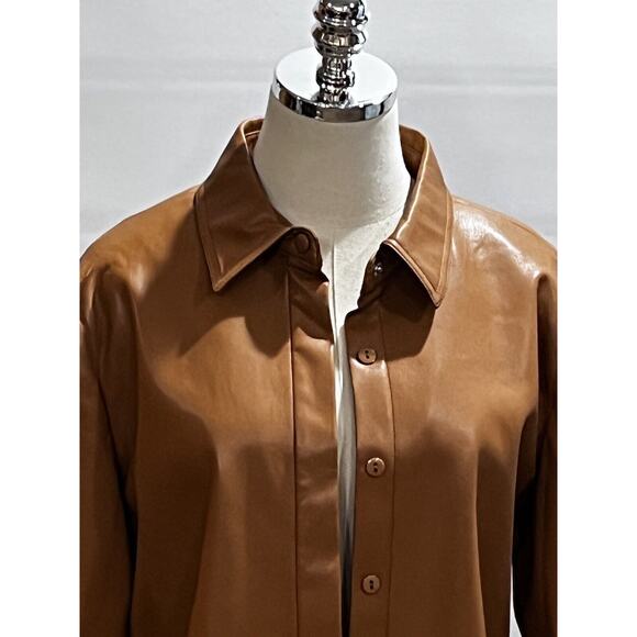 ELIE TAHARI Women's Vegan Leather Brown Caramel Button Down Shirt Jacket Lg New - Picture 4 of 16